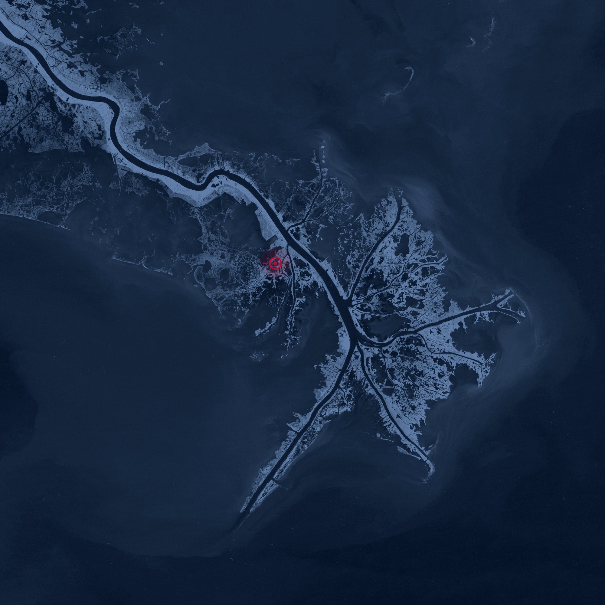 Satellite chart of the Mississippi River bird's-foot delta, with Venice Port Complex marked near the southernmost point of the river.
